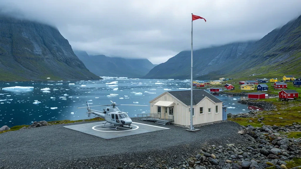 Saarloq Heliport in southern Greenland with a helicopter on the gravel pad beside the small settlement's colourful houses and fjord
