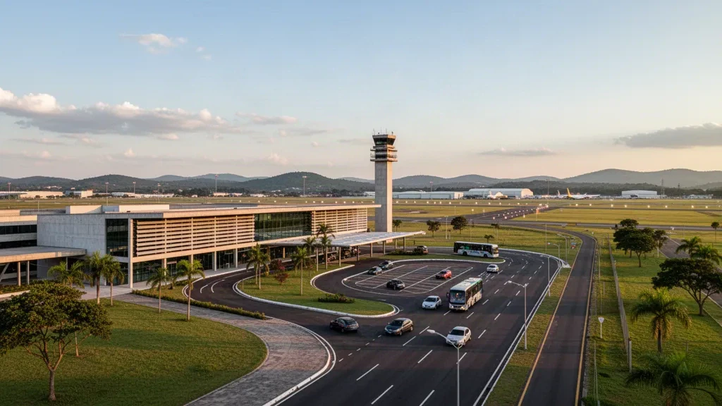 Güney Brezilya'daki Canoas Hava Kuvvetleri Üssü havalimanında altın saat ışığı altında modern terminal, kontrol kulesi ve yolcu indirme şeritleri