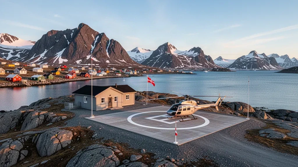 Saarloq Heliport in Grönland mit einem kleinen Hubschrauberlandeplatz, einem Versorgungshubschrauber, felsiger arktischer Küste, Fjord und fernen Bergen zur goldenen Stunde.