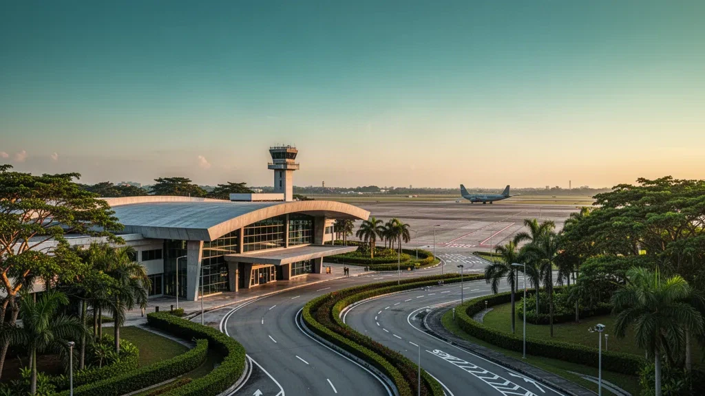 Golden-hour view of Paya Lebar Air Base in Singapore with its terminal canopy, control tower and tropical airfield surroundings