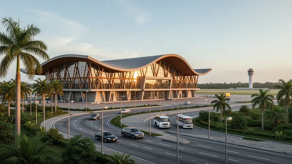Extérieur moderne du terminal et voie d'accès de l'aéroport international Sam Mbakwe à Owerri, au Nigeria, baignés d'une chaude lumière dorée