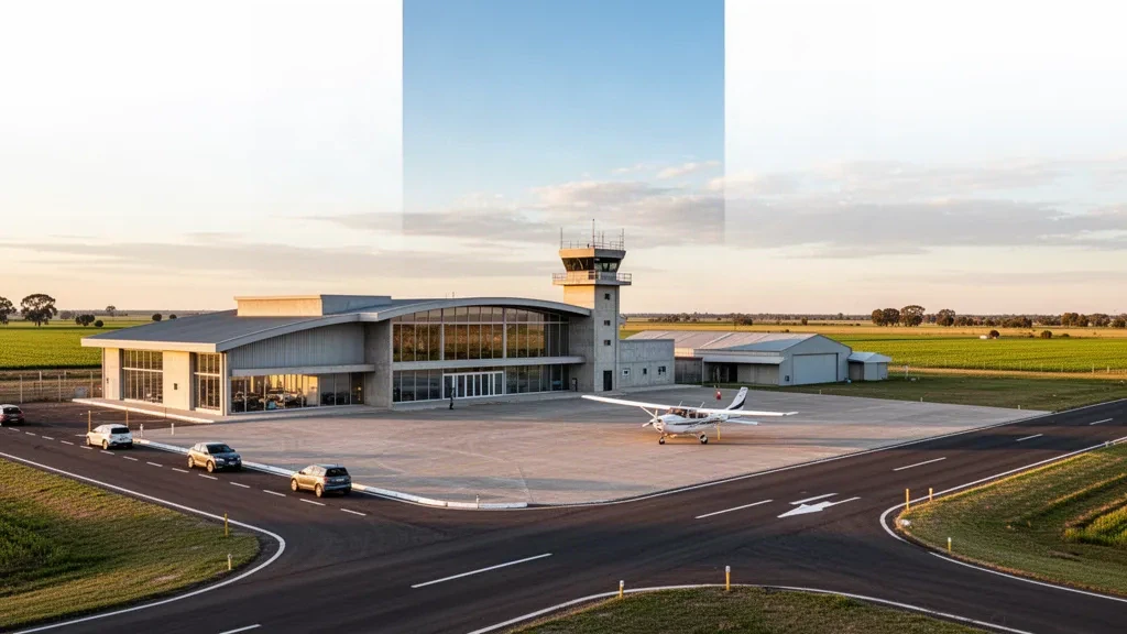 Terminal moderno e strada di accesso all'aeroporto di Bragado nella provincia di Buenos Aires, Argentina, con una soffice luce dorata.