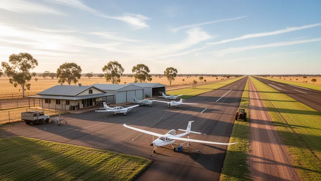 Vista amplia del Aeropuerto de Narromine en Nueva Gales del Sur con planeadores y aeronaves ligeras en la plataforma bajo un vasto cielo interior