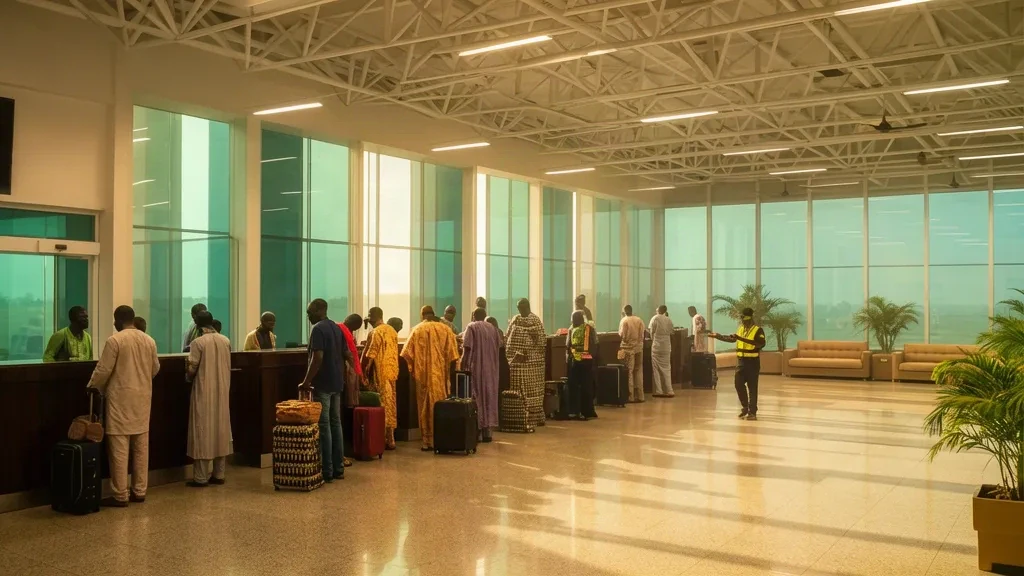 Pasajeros y personal uniformado en la luminosa sala de salidas del Aeropuerto de Warri en Osubi, estado de Delta, Nigeria