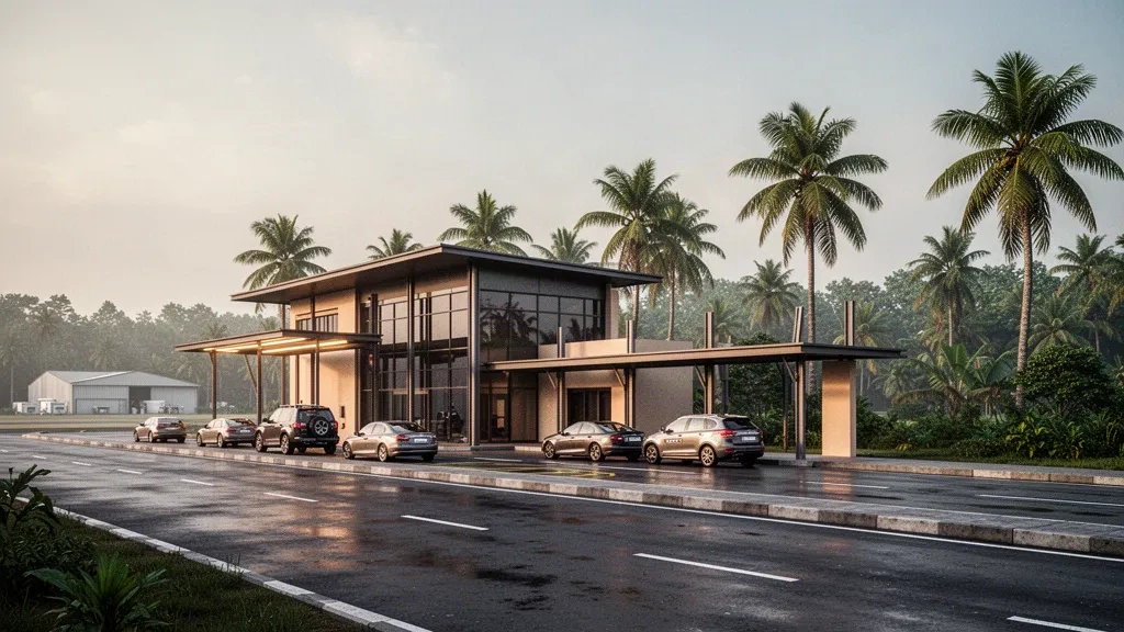 Extérieur moderne d'un terminal de faible hauteur à l'aéroport de Warri à Osubi, au Nigeria, avec des palmiers et une voie de dépose animée à l'heure dorée