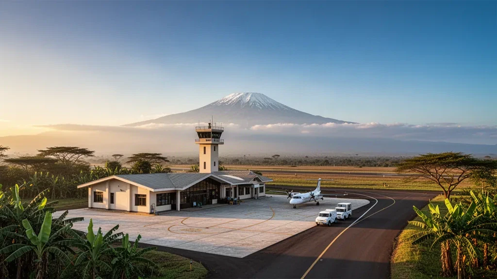 Petit tarmac et terminal de l'aéroport régional de Moshi en Tanzanie avec le mont Kilimandjaro enneigé se dressant dans un ciel à l'heure dorée