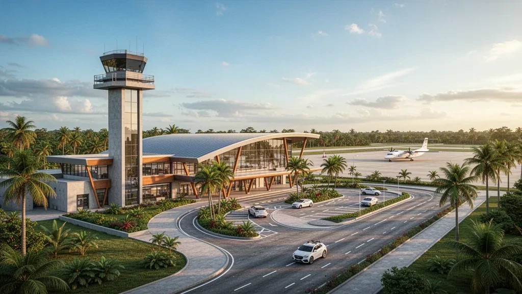 Terminal et tour de contrôle de l'aéroport de New Amsterdam QSX en Guyane avec une végétation tropicale