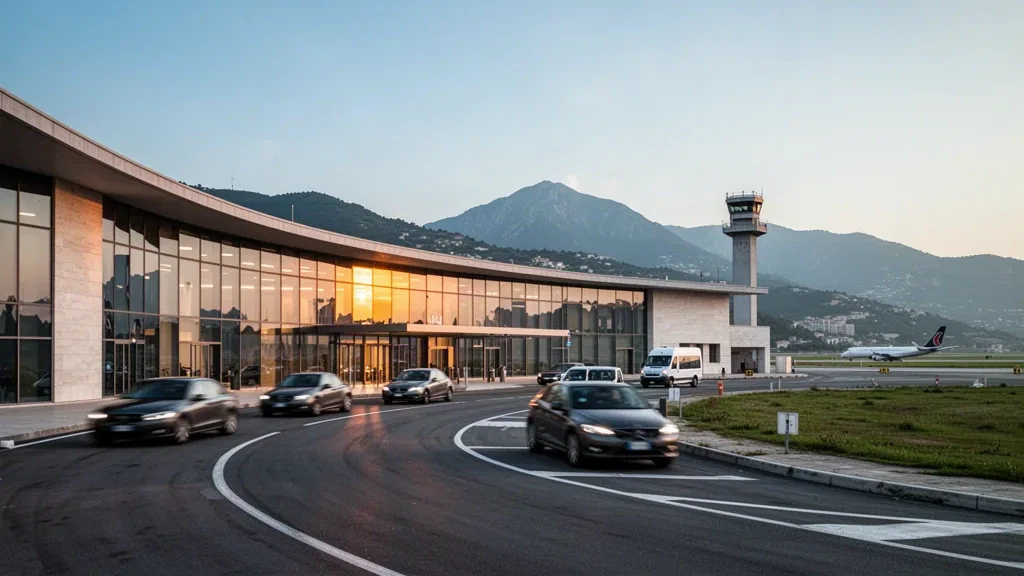 Exterior moderno de terminal de cristal en el aeropuerto Salerno Costa d'Amalfi con carriles de descenso y colinas campanas brumosas al fondo