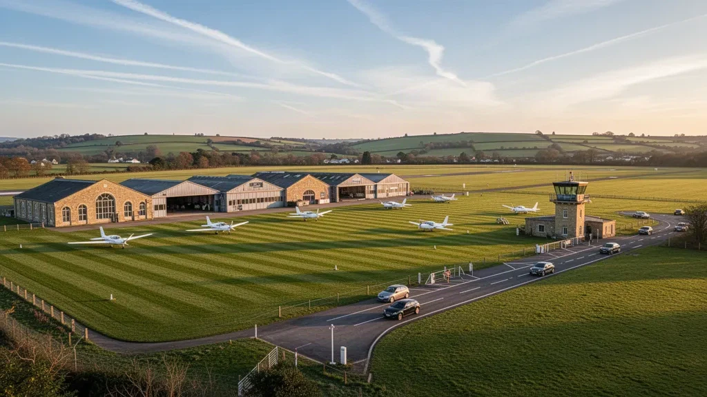 Golden-hour view of Goodwood Aerodrome in West Sussex with grass runways, light aircraft, hangars and the South Downs.