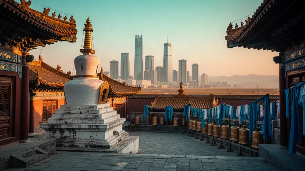 İç Moğolistan, Hohhot'ta gün batımında arka planda modern şehir siluetiyle Dazhao Tapınağı'nın altın çatıları