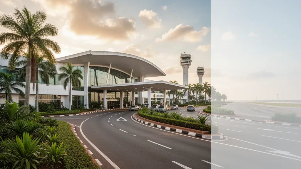 Modern glass terminal exterior at Akwa Ibom International Airport near Uyo, Nigeria, with palm-lined access roads under warm tropical light
