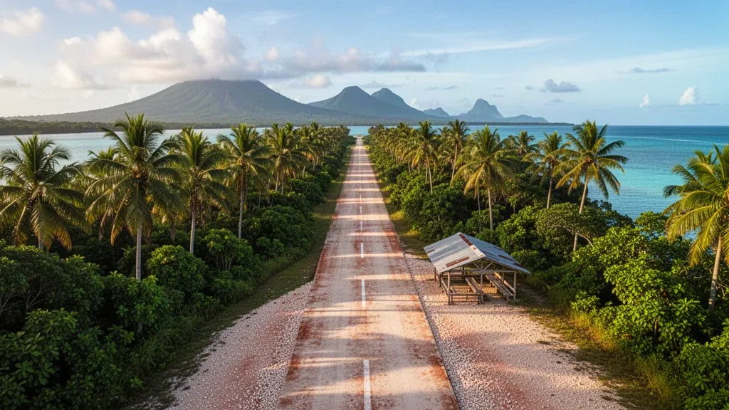 Coral and grass runway of Rakanda Airport on a tropical Papua New Guinea island, framed by coconut palms with turquoise lagoon beyond