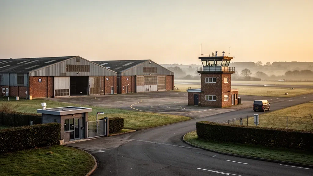 Histórico aeródromo de RAF Wyton en Cambridgeshire a la hora dorada, con hangares de ladrillo, torre de control, pista de hierba y un amplio cielo abierto