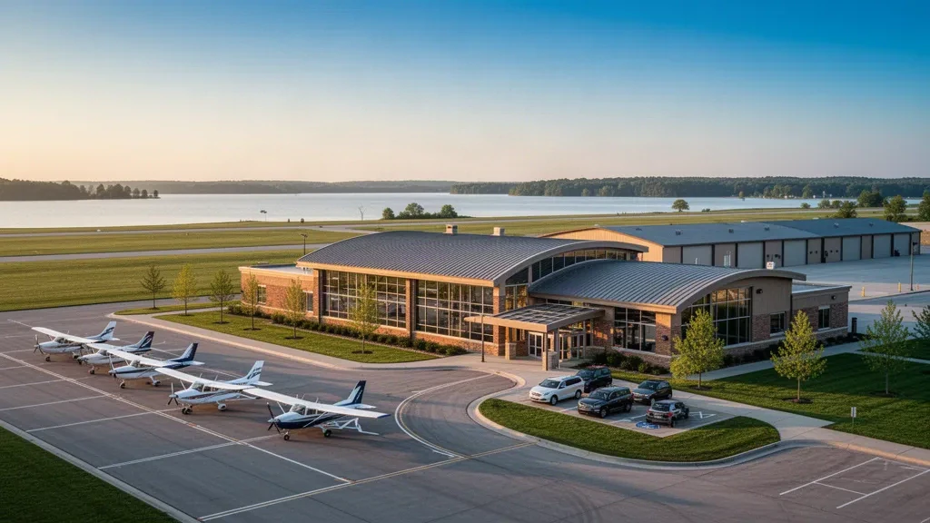 Racine, Wisconsin'deki John H. Batten Havaalanı'nın altın saatlerdeki görünümü; cam terminal, apron ve park halindeki hafif uçaklar
