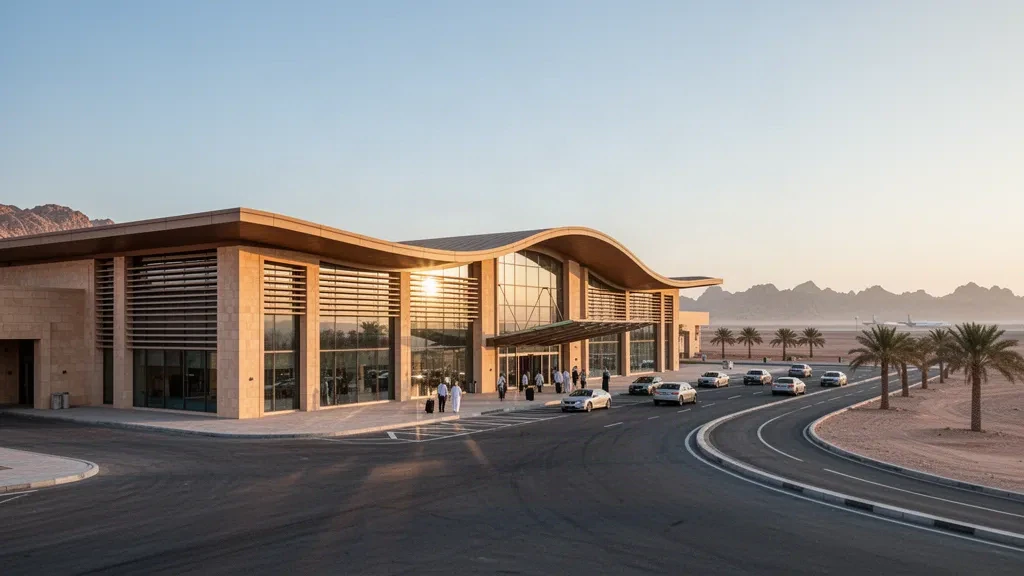 Extérieur moderne d'un terminal en zone désertique à l'aéroport domestique d'Arar en Arabie saoudite à l'heure dorée, avec route d'accès bordée de palmiers et voies de dépose