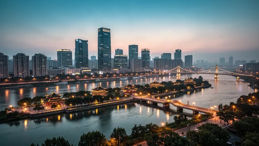 Changsha'nın Xiang Nehri'nin karşısından alacakaranlıkta görünen silüeti, ön planda Portakal Adası, Hunan, Çin