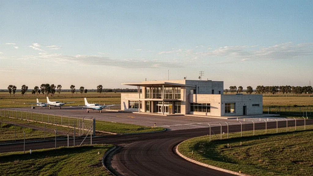 Terminal e piazzale dell'aeroporto di Rafaela a Santa Fe, Argentina, con piccoli aerei e luce dorata della pampa