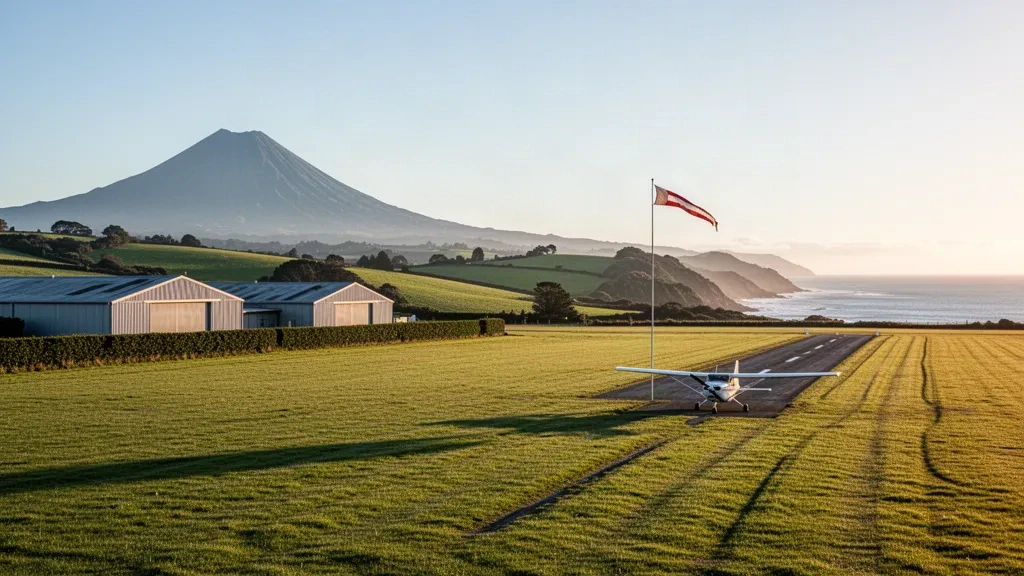 Graslandebahn und Leichtflugzeug am Raglan Aerodrome in Neuseeland, mit Mount Karioi und Küstenhügeln zur goldenen Stunde