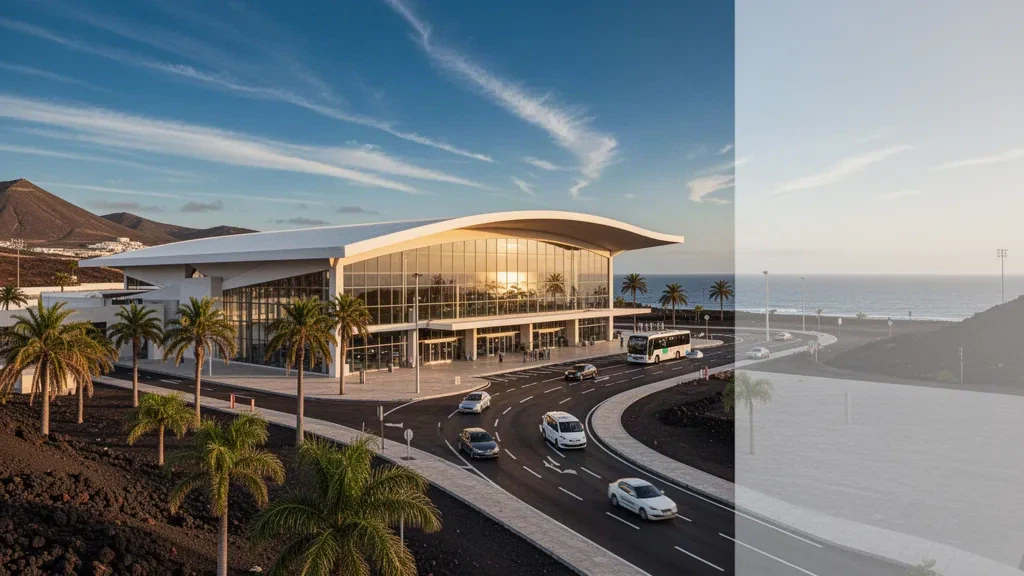 Terminal moderno in vetro e corsie di sosta all'Aeroporto Internazionale Nelson Mandela a Praia, Capo Verde, durante l'ora d'oro