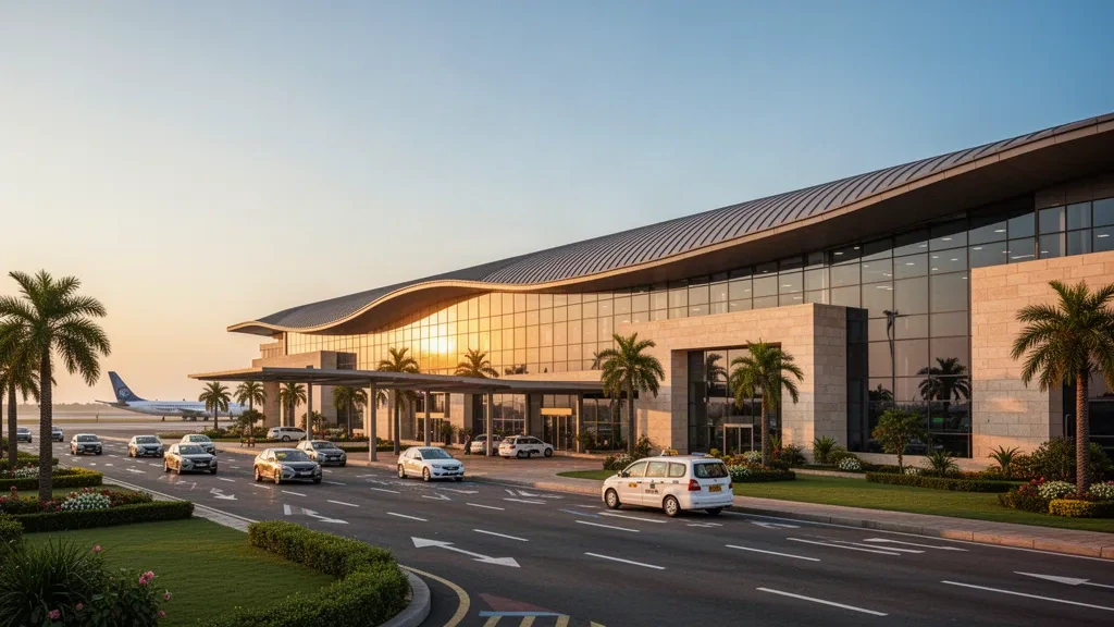 Terminal moderno in vetro e tetto ad arco all'Aeroporto Internazionale di Rajkot, Gujarat, con corsie di sosta alberate e taxi all'ora d'oro