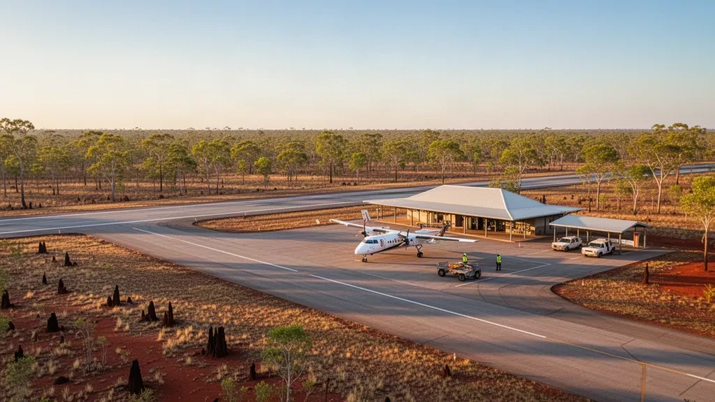 Remote Ramingining Airport airstrip in Arnhem Land with a sealed runway, small terminal and tropical savanna woodland in golden light.