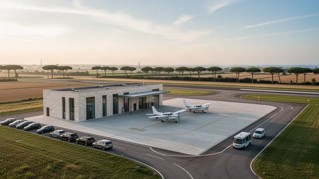 Small terminal and runway-side apron at Ravenna Airport in Italy, with parked light aircraft in warm Mediterranean morning light