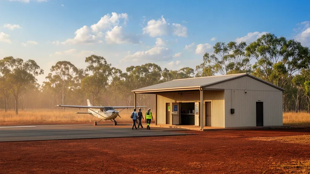 Small remote airport terminal building at Ramingining in Arnhem Land, Northern Territory, with a light aircraft parked on the apron