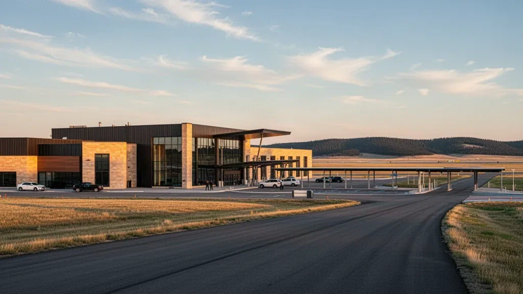 Moderne Glasfassade des Terminals am Rapid City Regional Airport in South Dakota zur goldenen Stunde, mit Prärie und Black Hills am Horizont.
