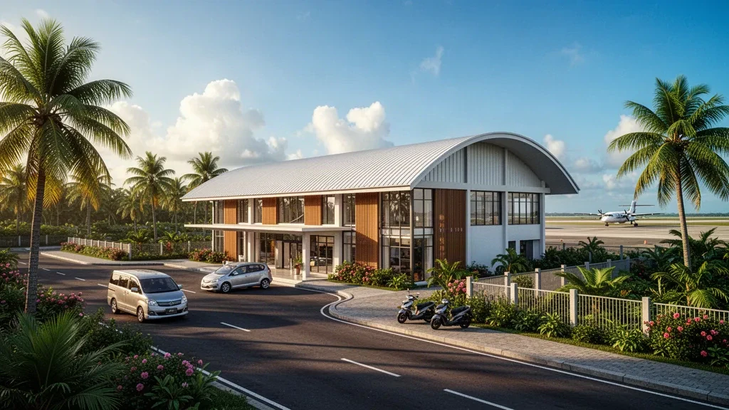 Terminal moderno e palme tropicali intorno all'Aeroporto Sugimanuru a Raha, Reggenza di Muna, Sulawesi Sudorientale