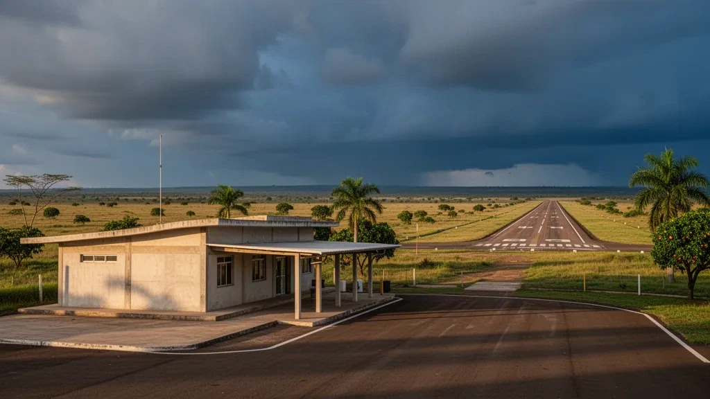 Pequeña terminal de aeropuerto regional en Cravo Norte, Arauca, Colombia, rodeada de llanuras de sabana tropical bajo una cálida luz de tarde