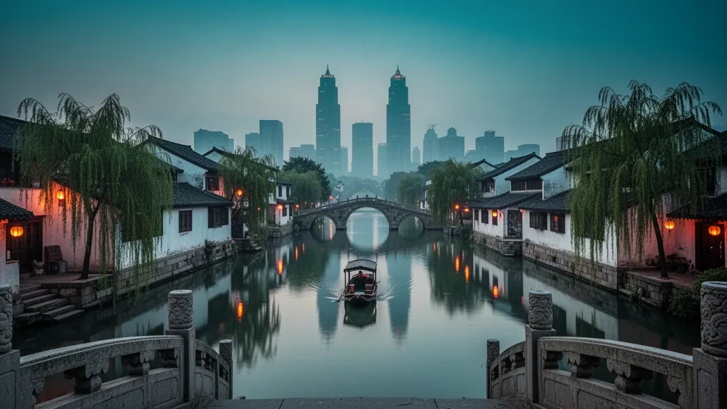 Quartier des canaux de Suzhou dans le Jiangsu, en Chine, avec des maisons blanchies à la chaux, des ponts en pierre et la skyline moderne de la ville au crépuscule