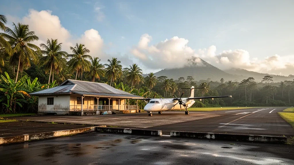Tropical airstrip at Arawa Airport in Bougainville, Papua New Guinea, framed by rainforest and volcanic mountains