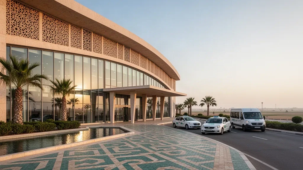 Modern glass terminal exterior at Rabat-Salé Airport in Morocco, with palm-lined drop-off lanes in golden-hour light