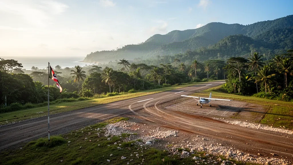 Kleine abgelegene tropische Landebahn und Regenwaldkämme am Flughafen Oram in Papua-Neuguinea in warmem Licht zur goldenen Stunde