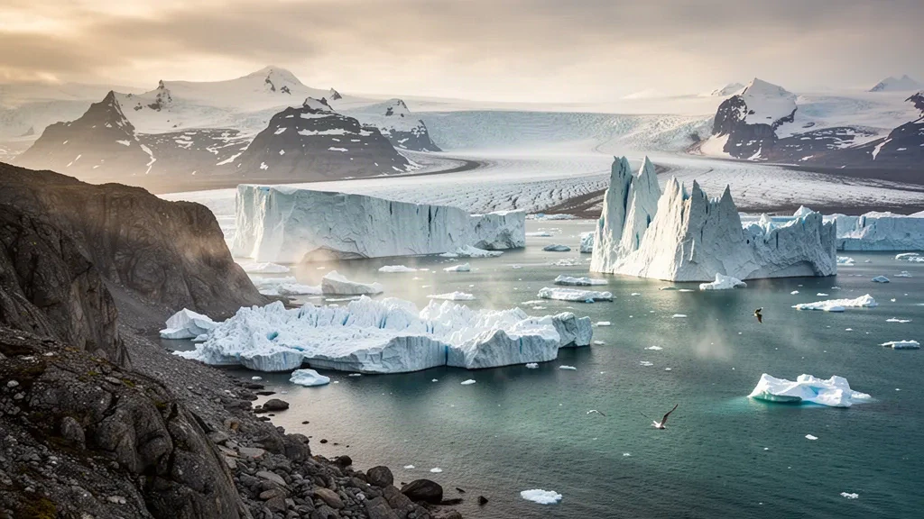Grönland'daki Ilulissat Buz Fiyordu boyunca sürüklenen dev buzdağları, alçak altın rengi Arktik güneş ışığı altında kayalık uçurumlarla çerçevelenmiş