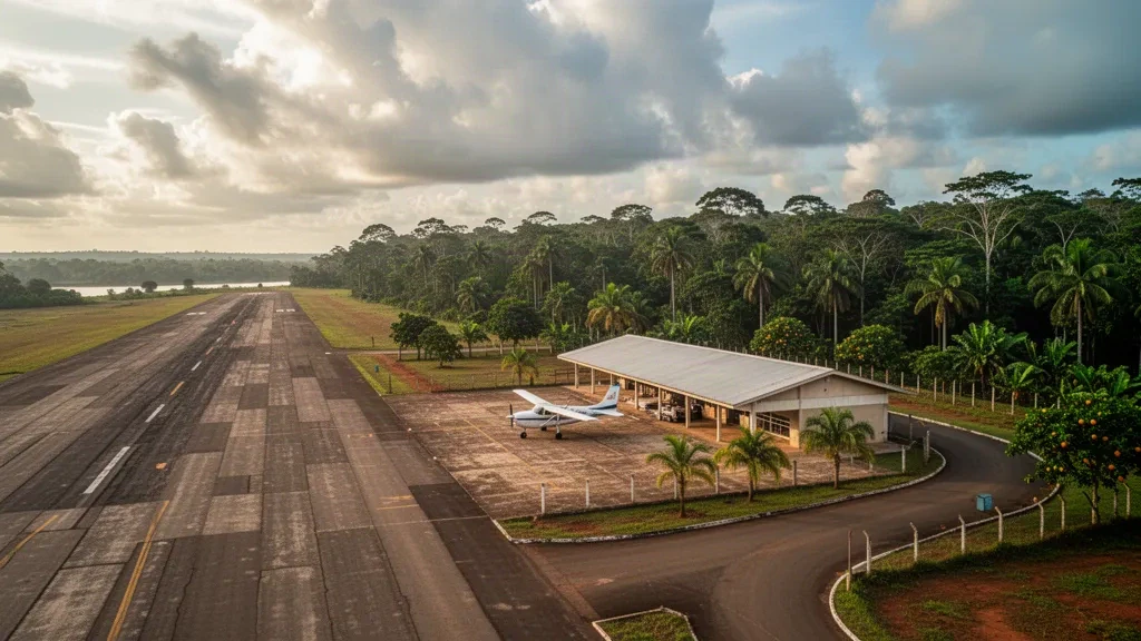 Pequeña pista de aterrizaje y terminal de aeropuerto regional en Borba, Amazonas, Brasil, rodeada de densa selva tropical bajo un cielo brumoso de finales de la tarde.