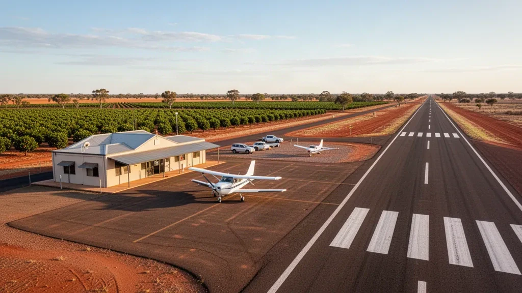 Vorfeld eines kleinen regionalen Flugplatzes und Leichtflugzeuge am Robinvale Airport in Victoria, umgeben von Obstplantagen und trockenem Ackerland zur goldenen Stunde