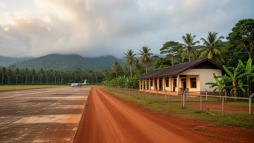 Pequeña terminal regional en el Aeropuerto de Ratanakiri en Banlung, Camboya, rodeada de vegetación tropical bajo una suave luz matutina