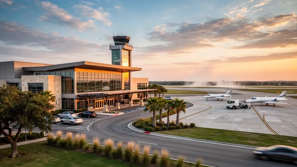 Dallas Executive Havaalanı'nda modern cam terminal, kontrol kulesi ve apron üzerinde özel jetler, altın saat ışığında