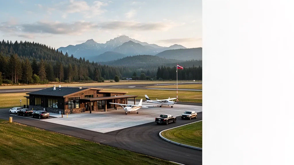 Terminal dell'Aeroporto Regionale di Roseburg e piazzale aeromobili con le colline boscose dell'Oregon sullo sfondo durante l'ora d'oro