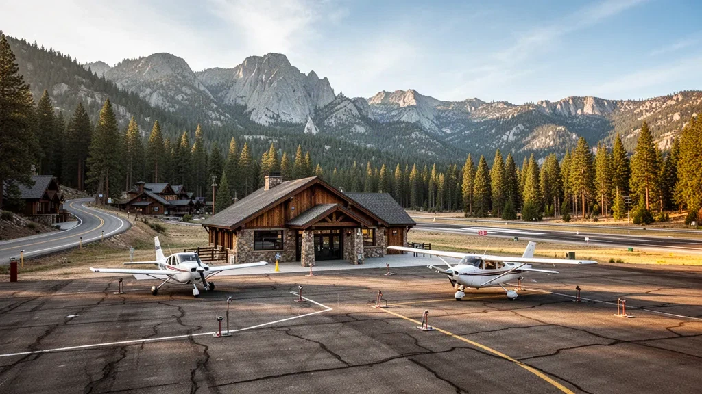 Piccolo terminal aeroportuale di montagna e pista all'aeroporto di Big Bear City, incorniciati da foreste di pini e creste delle San Bernardino Mountains.