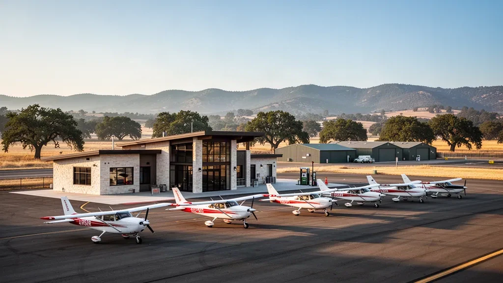 Golden-hour view of light aircraft on the ramp beside the modern terminal at Red Bluff Municipal Airport in Northern California