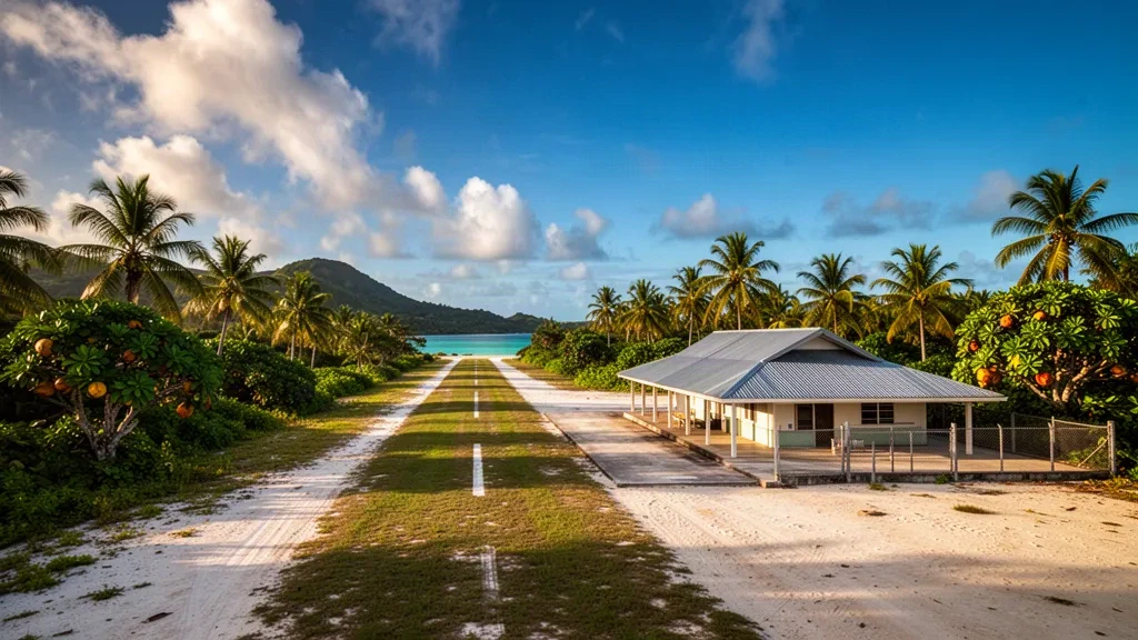 Pista de aterrizaje tropical y pequeña terminal en el Aeropuerto de la Isla Rabi en Fiyi, rodeada de palmeras y cielos pacíficos despejados.