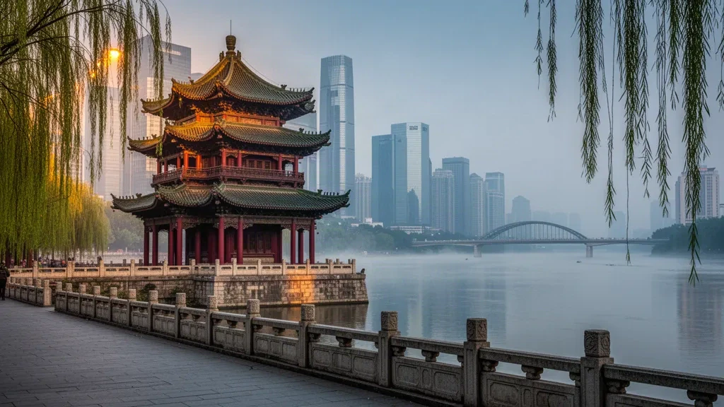Il Padiglione Tengwang sopra il fiume Gan con lo skyline di Nanchang nello Jiangxi, Cina, durante l'ora d'oro
