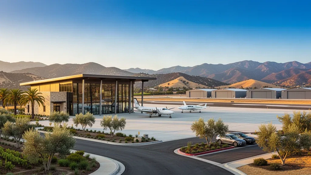 Terminal moderno e piazzale aeromobili all'Aeroporto di French Valley a Murrieta, California, sotto colline illuminate dal sole all'ora d'oro