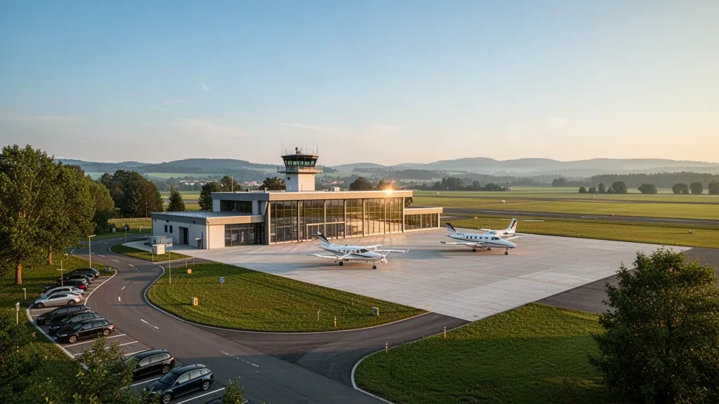 Pequeño aeródromo de aviación general cerca de Straubing, Baviera, con aviones ligeros en la plataforma, hangares y una moderna terminal de cristal a la hora dorada