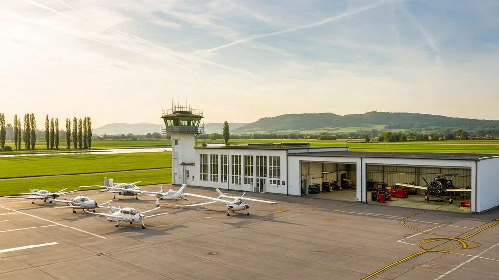 Aviones ligeros y planeadores estacionados en la plataforma iluminada por el sol en el aeropuerto de Straubing, en Baviera, con hangares y una torre de control al fondo.