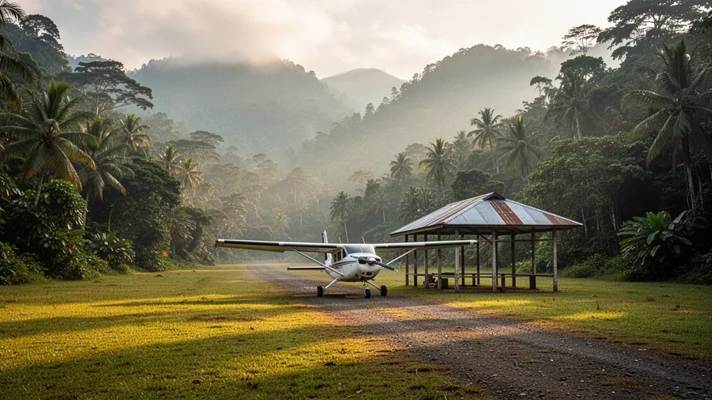 Abgelegene tropische Landebahn am Raba Raba Flughafen in Milne Bay, Papua-Neuguinea, umgeben von Regenwald und nebligen Bergkämmen