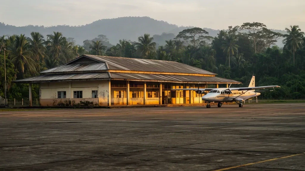 Kleines tropisches Terminal und Vorfeld am Flughafen Rurrenabaque RBQ in Bolivien, umrahmt von Amazonasregenwald-Palmen in warmem Nachmittagslicht