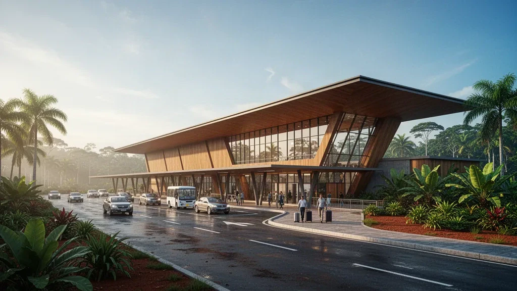 Moderne Terminalfassade am Internationalen Flughafen Rio Branco–Plácido de Castro in Acre, Brasilien, zur goldenen Stunde mit tropischer Vegetation im Hintergrund